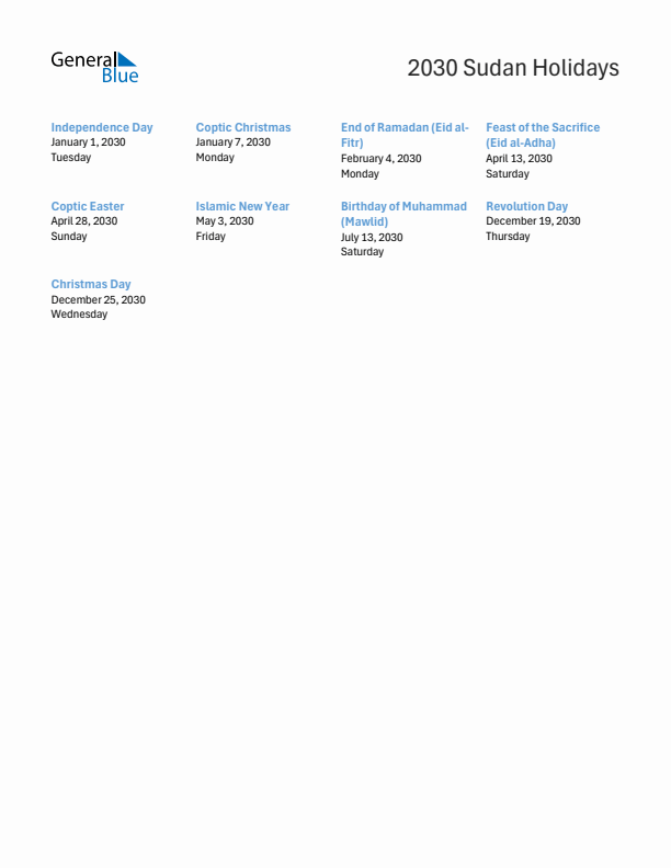 Free printable list of Sudan holidays for year 2030