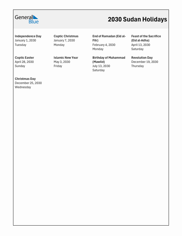 Free printable list of Sudan holidays for year 2030