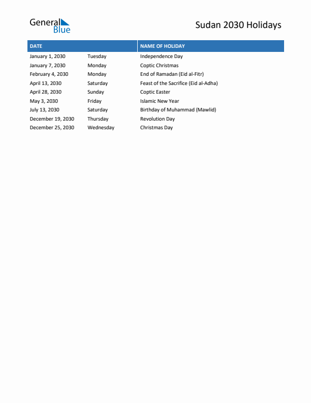 Free printable list of Sudan holidays for year 2030