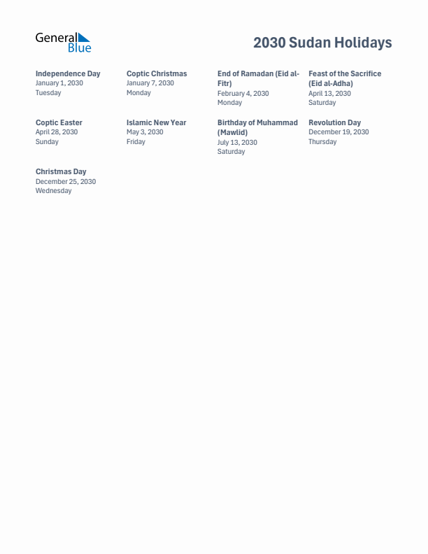 Free printable list of Sudan holidays for year 2030