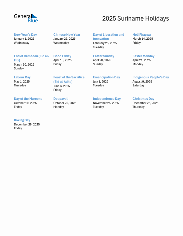Free printable list of Suriname holidays for year 2025