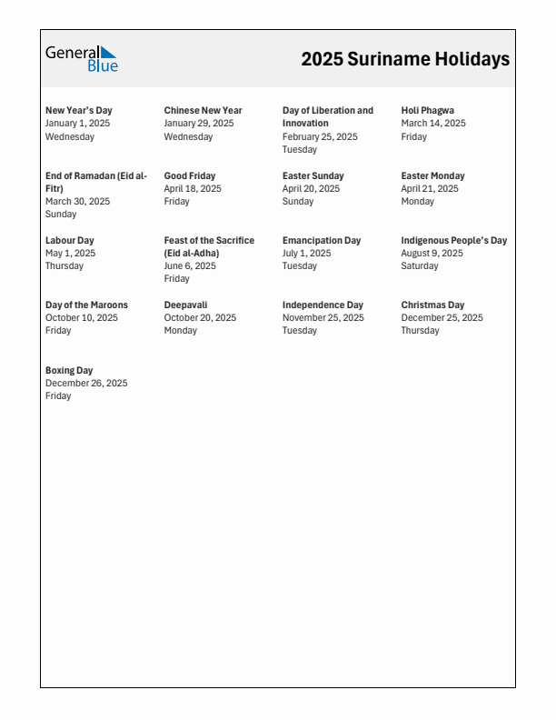 Free printable list of Suriname holidays for year 2025