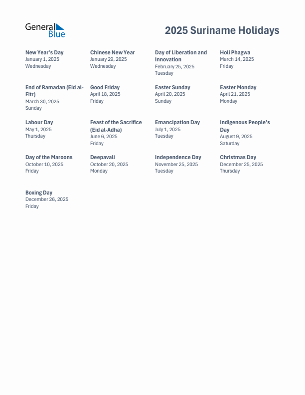 Free printable list of Suriname holidays for year 2025