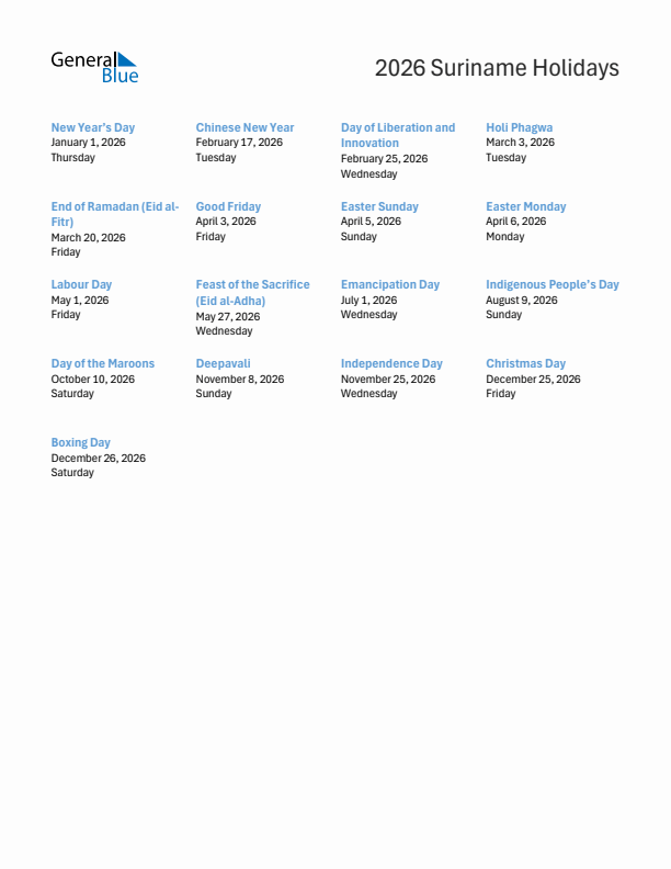 Free printable list of Suriname holidays for year 2026