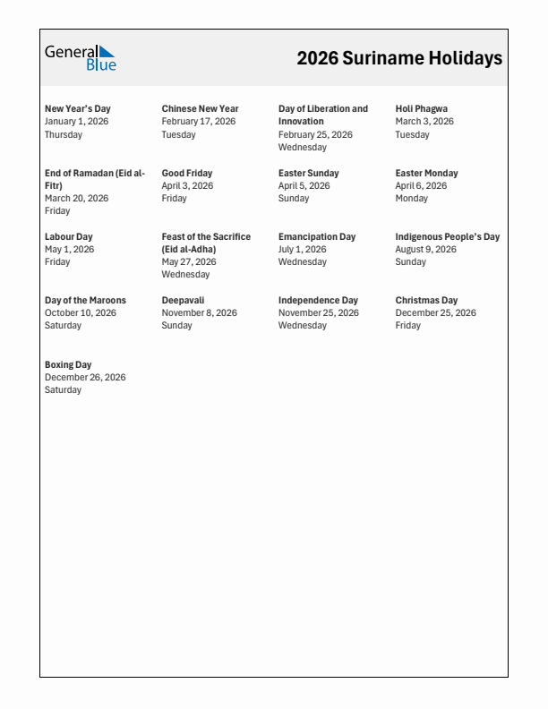 Free printable list of Suriname holidays for year 2026