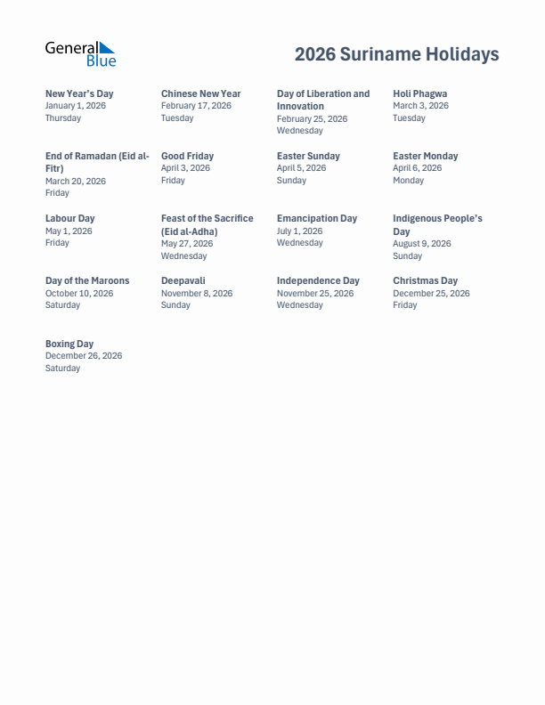 Free printable list of Suriname holidays for year 2026