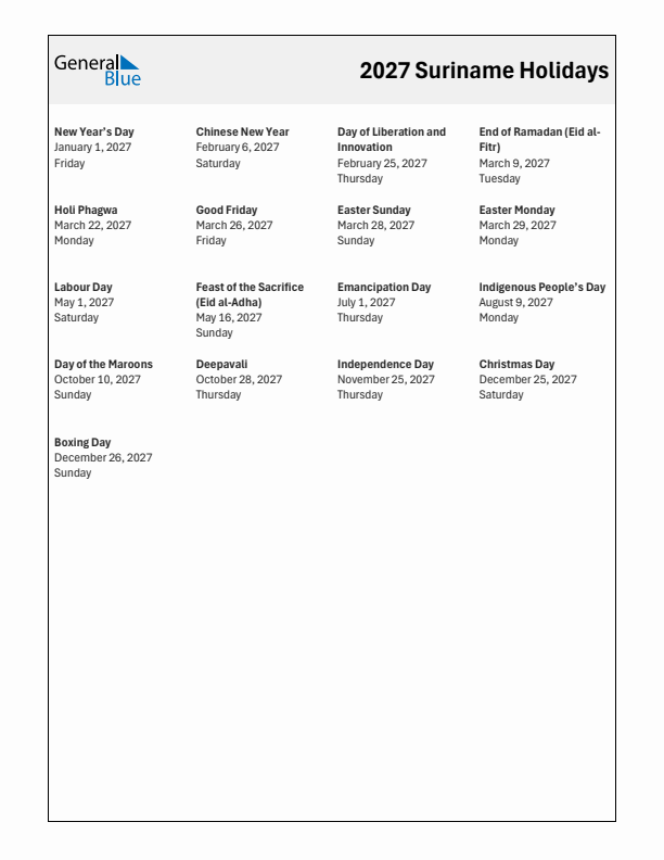 Free printable list of Suriname holidays for year 2027
