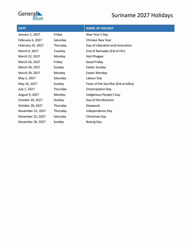 Free printable list of Suriname holidays for year 2027