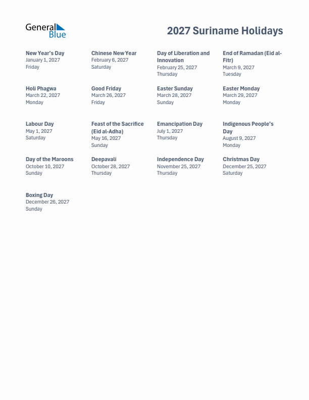 Free printable list of Suriname holidays for year 2027