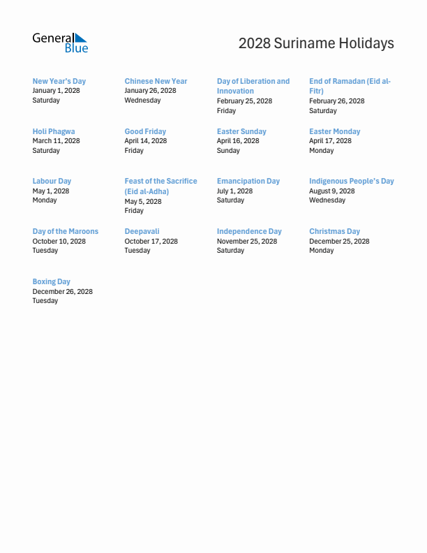 Free printable list of Suriname holidays for year 2028