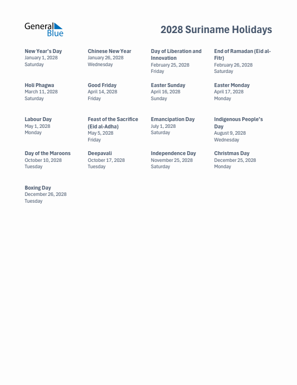 Free printable list of Suriname holidays for year 2028