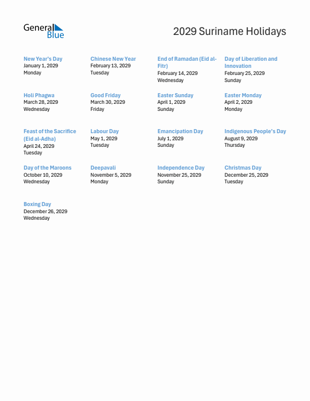 Free printable list of Suriname holidays for year 2029