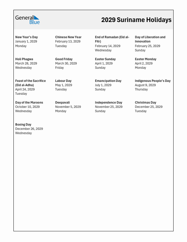 Free printable list of Suriname holidays for year 2029