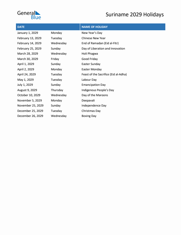 Free printable list of Suriname holidays for year 2029