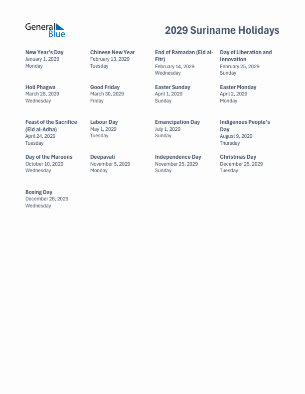 Free printable list of Suriname holidays for year 2029
