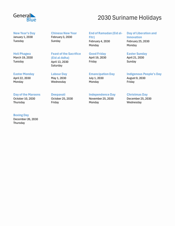Free printable list of Suriname holidays for year 2030