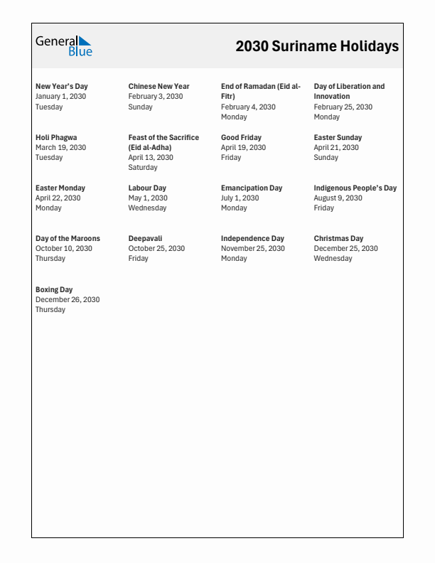 Free printable list of Suriname holidays for year 2030