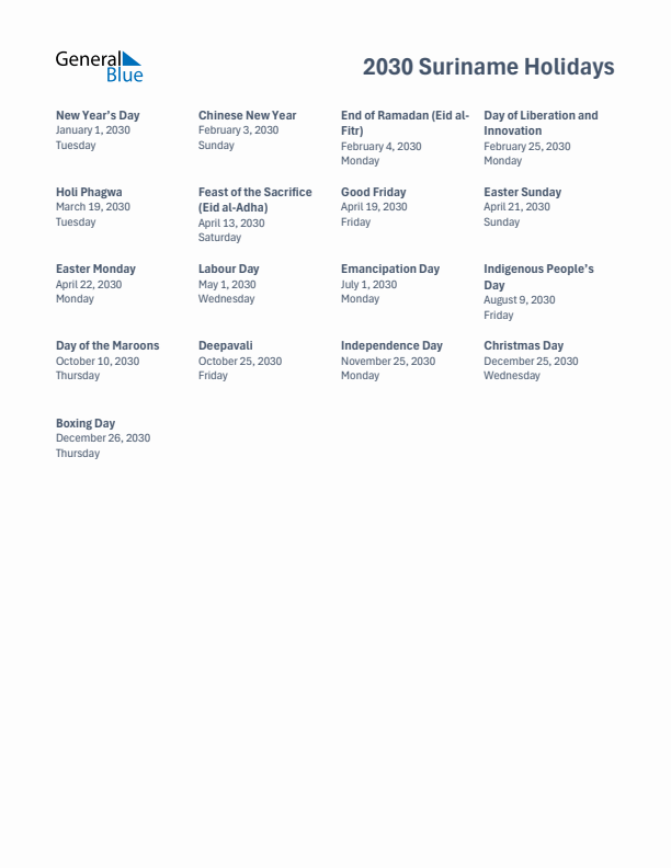 Free printable list of Suriname holidays for year 2030
