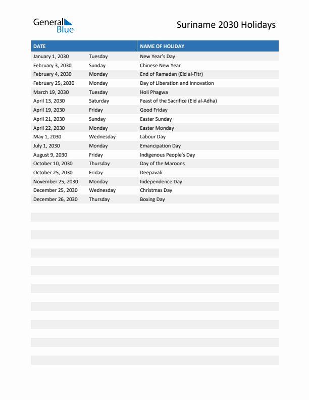 Free printable list of Suriname holidays for year 2030