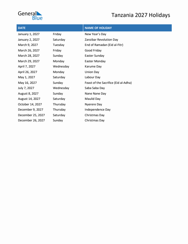 Free printable list of Tanzania holidays for year 2027