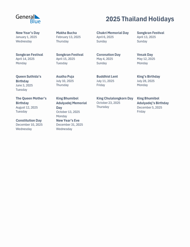 Free printable list of Thailand holidays for year 2025