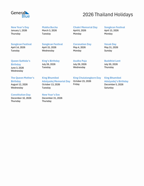 Free printable list of Thailand holidays for year 2026