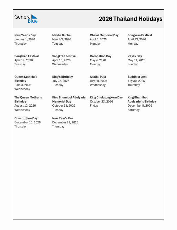 Free printable list of Thailand holidays for year 2026