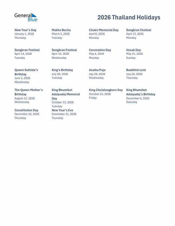 Free printable list of Thailand holidays for year 2026
