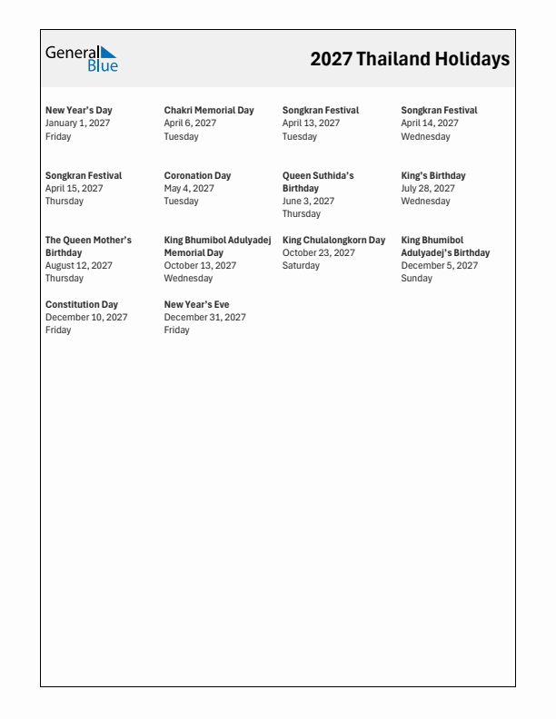 Free printable list of Thailand holidays for year 2027