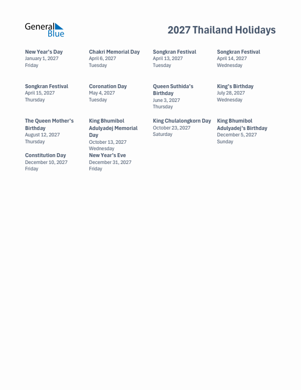 Free printable list of Thailand holidays for year 2027