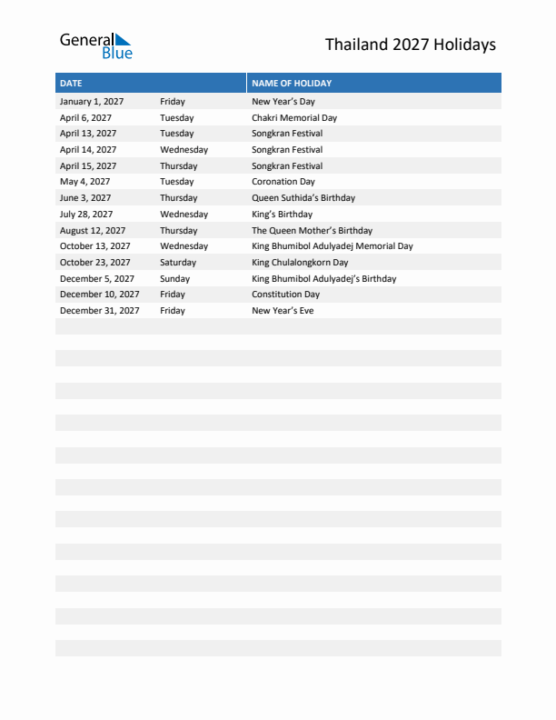 Free printable list of Thailand holidays for year 2027