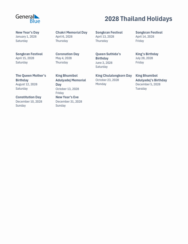 Free printable list of Thailand holidays for year 2028