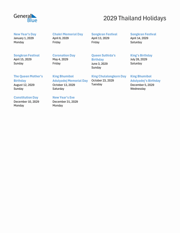 Free printable list of Thailand holidays for year 2029