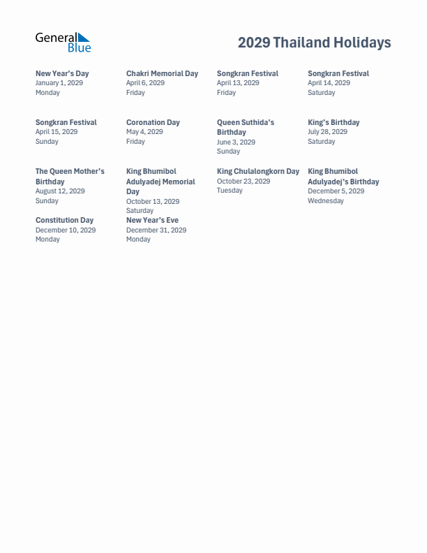 Free printable list of Thailand holidays for year 2029