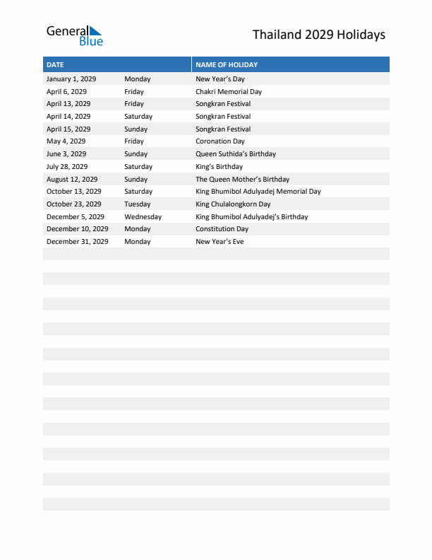 Free printable list of Thailand holidays for year 2029