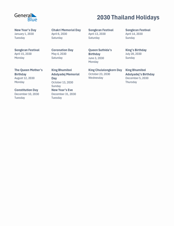 Free printable list of Thailand holidays for year 2030