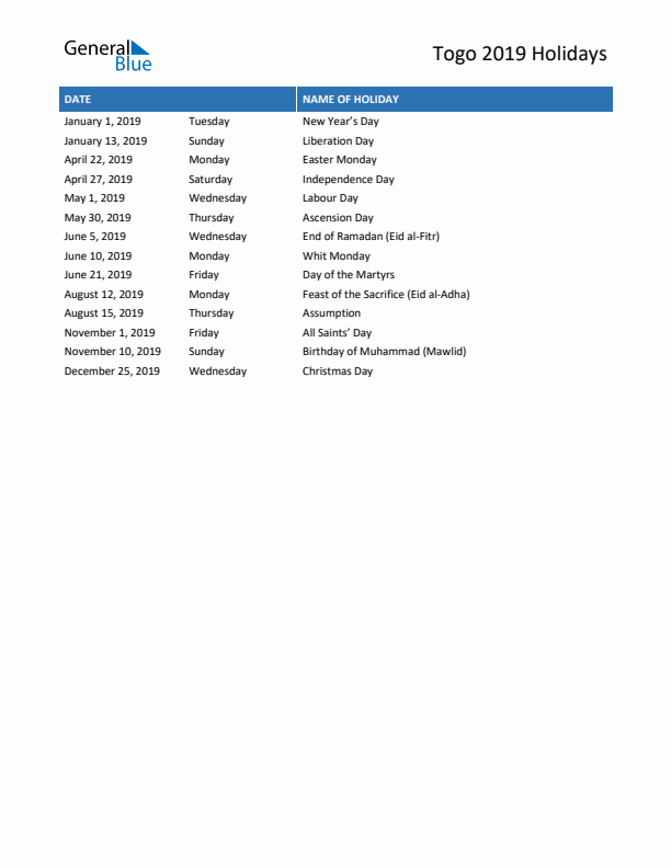 Free printable list of Togo holidays for year 2019