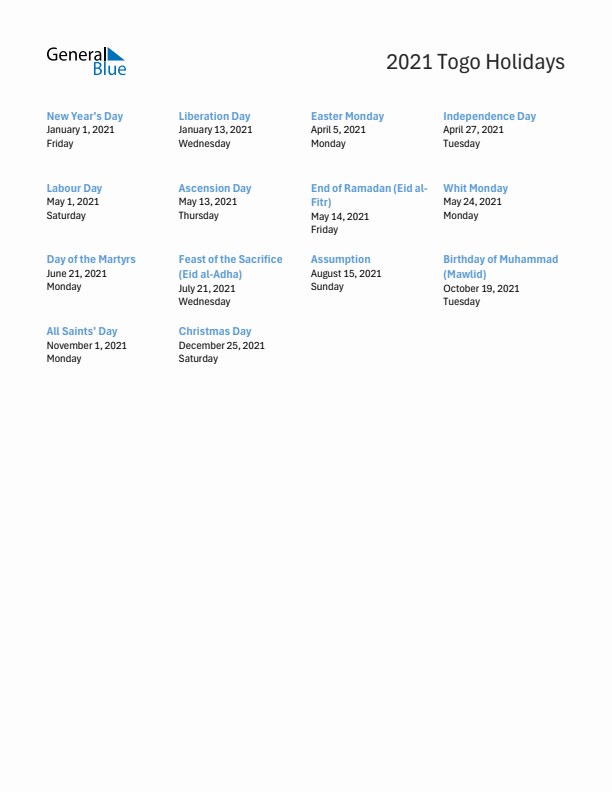 Free printable list of Togo holidays for year 2021