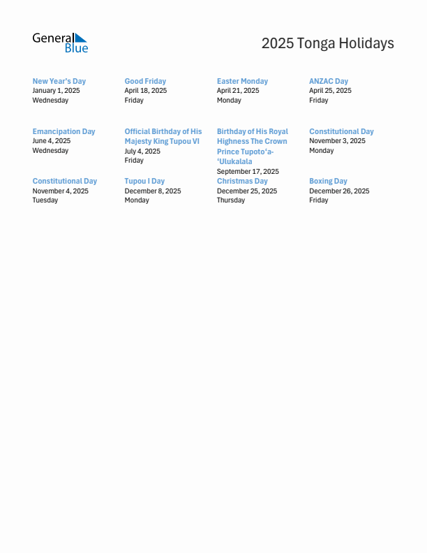 Free printable list of Tonga holidays for year 2025