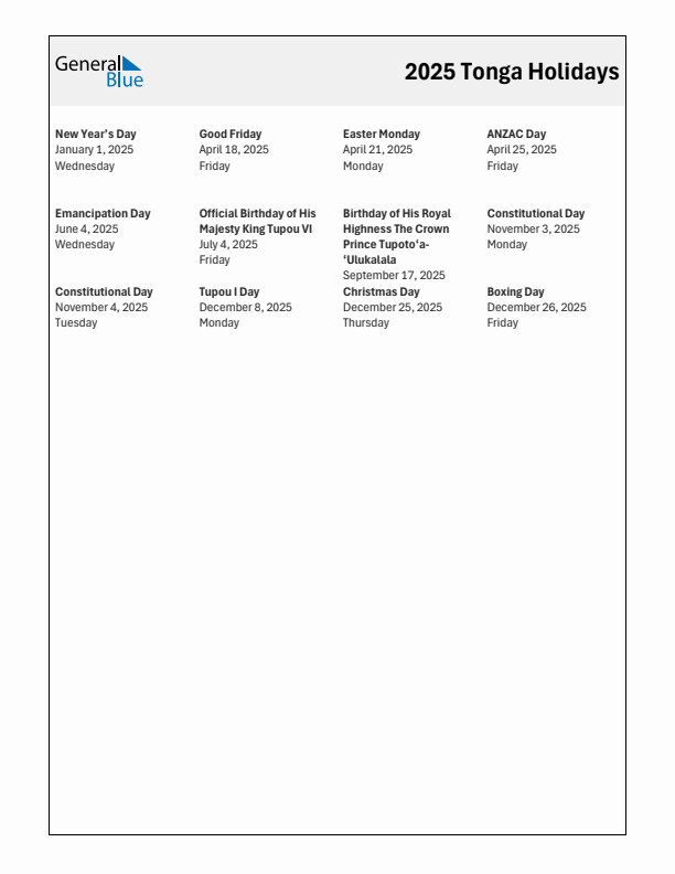 Free printable list of Tonga holidays for year 2025