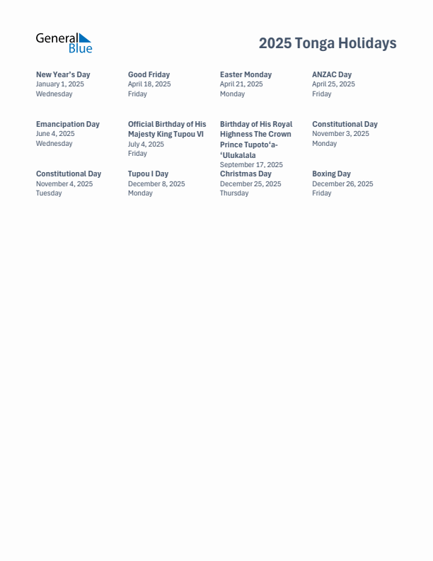 Free printable list of Tonga holidays for year 2025