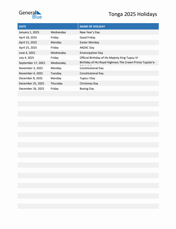 Free printable list of Tonga holidays for year 2025