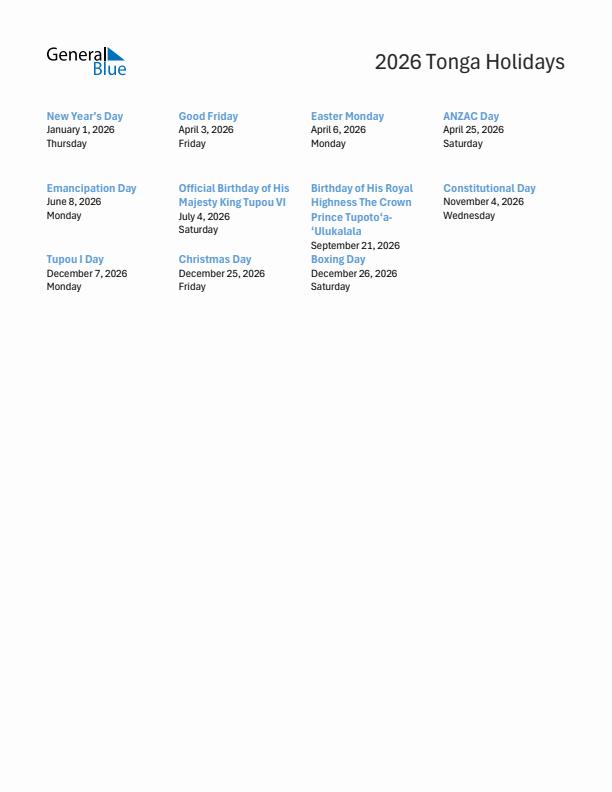 Free printable list of Tonga holidays for year 2026
