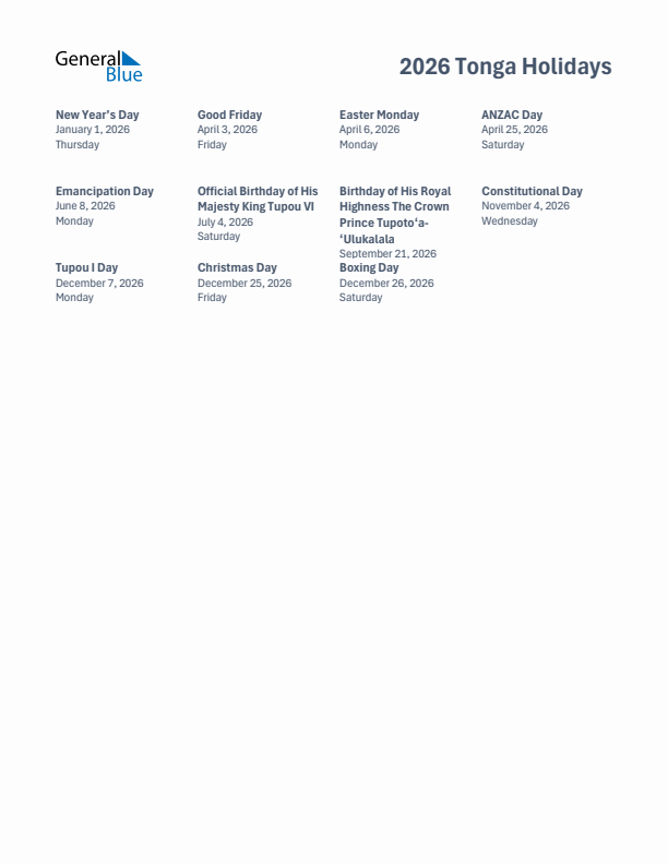 Free printable list of Tonga holidays for year 2026