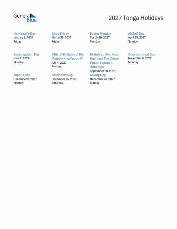 Free printable list of Tonga holidays for year 2027
