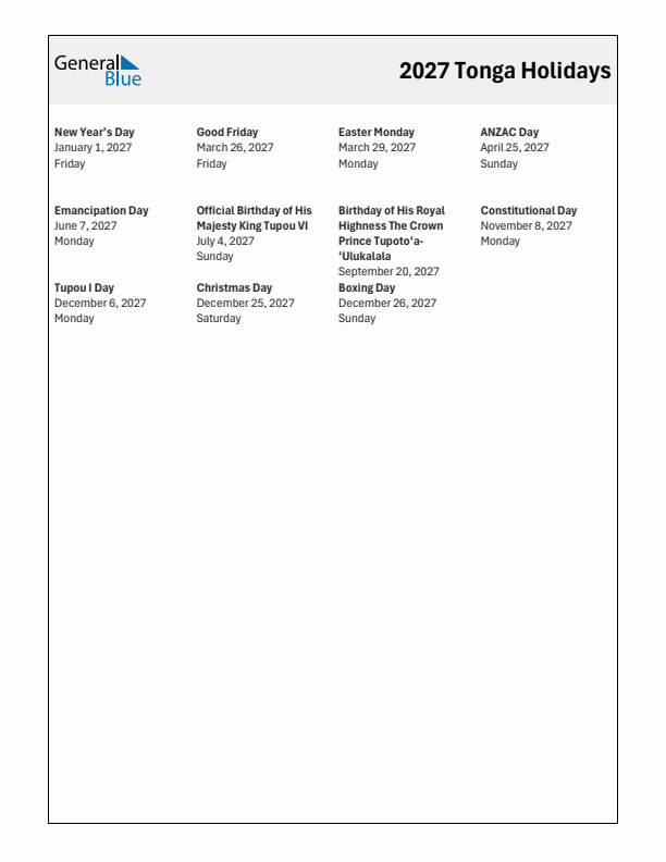 Free printable list of Tonga holidays for year 2027