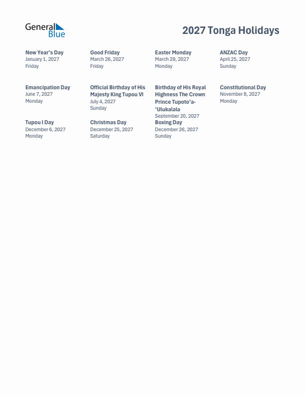 Free printable list of Tonga holidays for year 2027