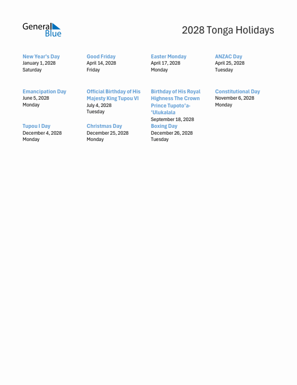 Free printable list of Tonga holidays for year 2028