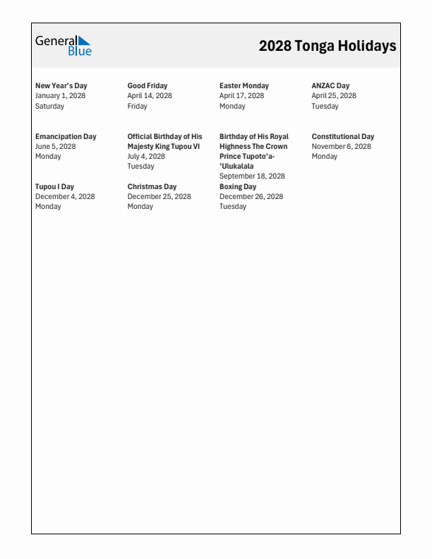 Free printable list of Tonga holidays for year 2028