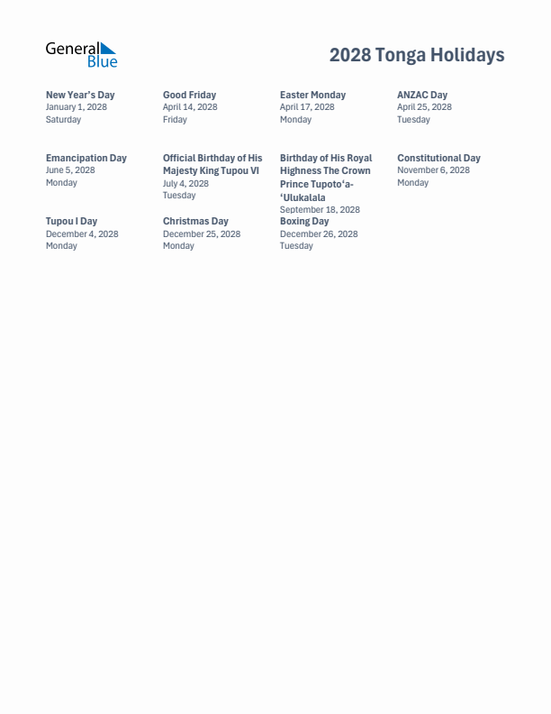 Free printable list of Tonga holidays for year 2028